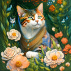 Colorful illustration of regal cat with yellow eyes in lush greenery.