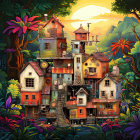 Whimsical treehouses in vibrant enchanted forest
