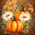 Vibrant autumn-themed painting with pumpkins, flowers, and fall foliage