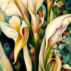 Colorful painting of calla lilies with swirling stems in yellow, orange, and green hues