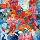 Ethereal women, elephant, and vibrant blossoms under soft sky