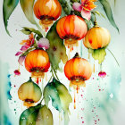 Colorful Chinese Lantern Watercolor Painting with Ink Splatters