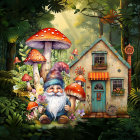 Colorful gnome illustration with treehouse and mushrooms