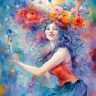 Vibrant painting: Woman with flowing hair among colorful blossoms