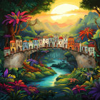 Colorful painting of whimsical village in lush foliage with pond.