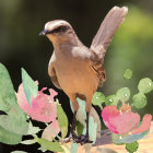 Colorful Bird with Crest Surrounded by Pink Flowers and Green Foliage