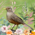 Detailed bird illustration among colorful flowers and leaves with hovering fly