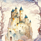 Colorful fairytale castle illustration with whimsical turrets and pastel landscape