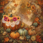 Colorful autumnal display with pumpkins, sunflowers, grapes, leaves, and flowers