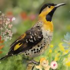 Colorful Bird Painting Among Wildflowers and Greenery