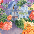 Tricolored dog in vibrant flower setting, blending realism with impressionistic style