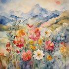 Vibrant floral scene with layered mountains in soft pinks, whites, and greens