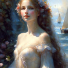 Ethereal woman with floral crown in serene seaside setting