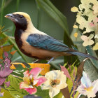 Colorful bird painting surrounded by flowers and greenery