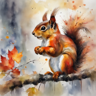 Illustrated squirrel and bird in autumn scene.