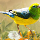 Colorful Bird Perched on Branch Among Flowers and Foliage