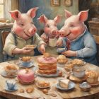 Animated pigs enjoying pastries and tea in cozy kitchen scene