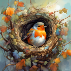 Colorful Birds in Woven Nest with Autumn Leaves and Berries