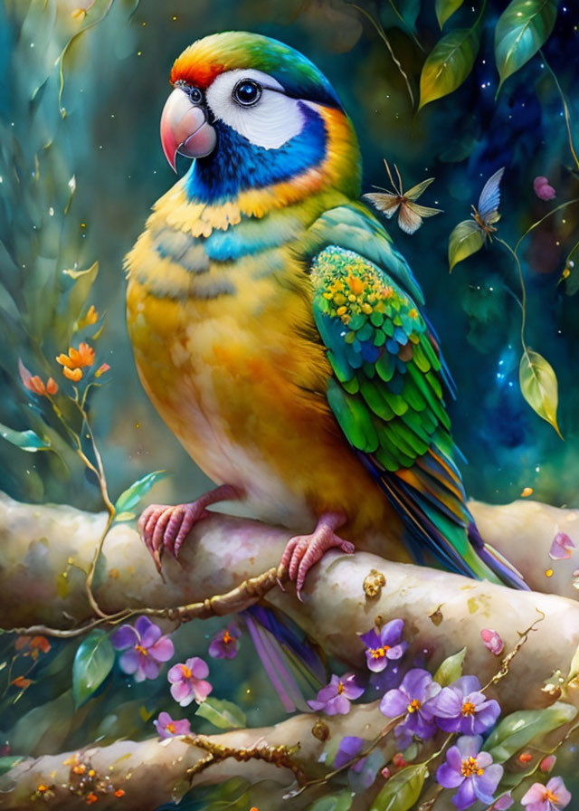 Colorful bird on branch with flowers and butterflies under starry sky