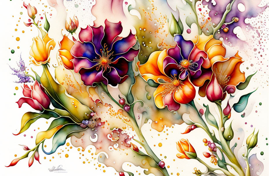 Colorful Watercolor Painting of Assorted Flowers and Greenery