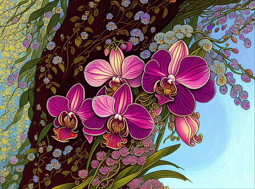 Detailed purple orchids on serene blue background with intricate foliage