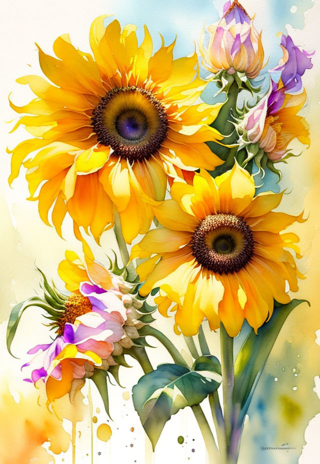 Sunflowers and pink flowers in watercolor painting