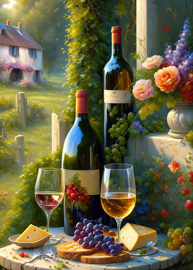 Still life with wine bottles, white wine glass, grapes, cheese, and flowers in cozy cottage setting