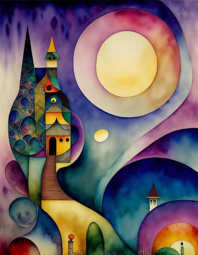 Colorful Castle Painting with Spiraling Tower and Yellow Moon