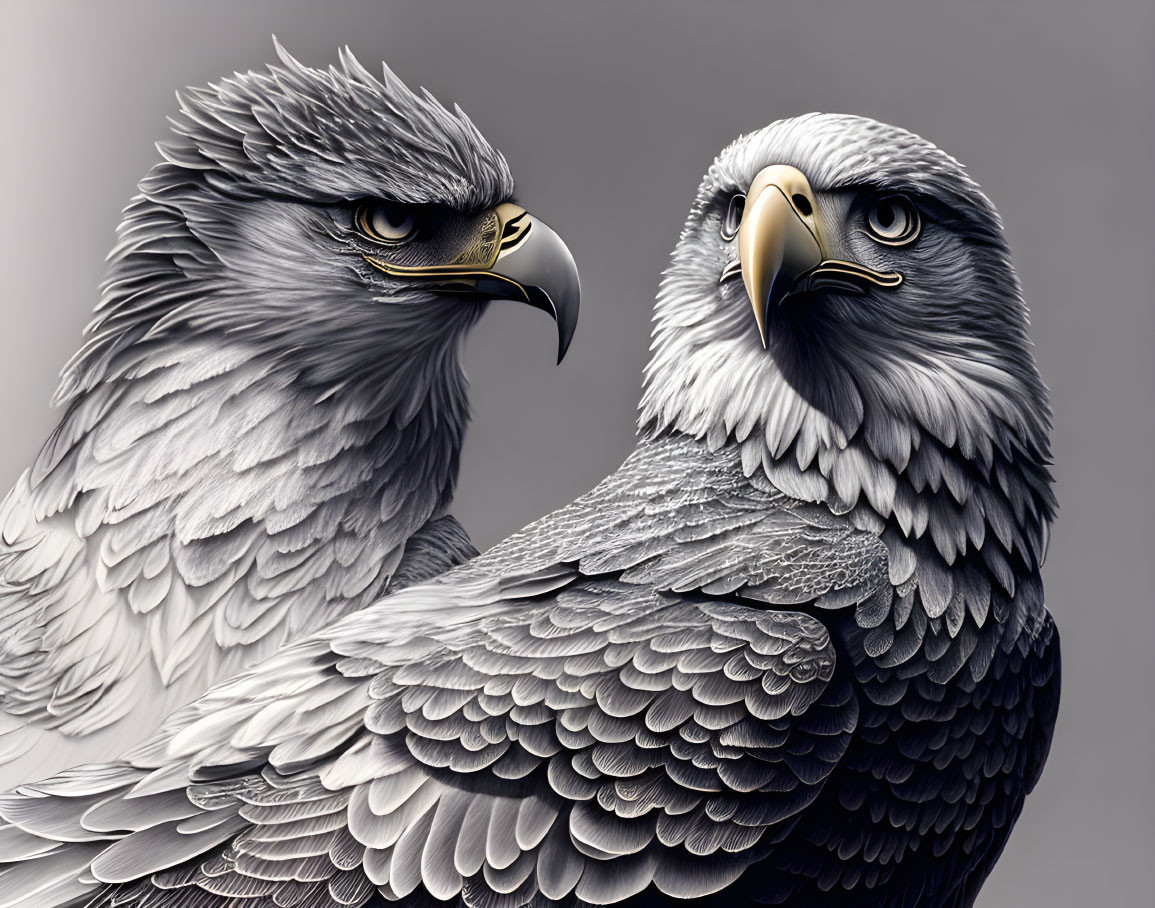 Two eagles in profile with open beak on shaded background.