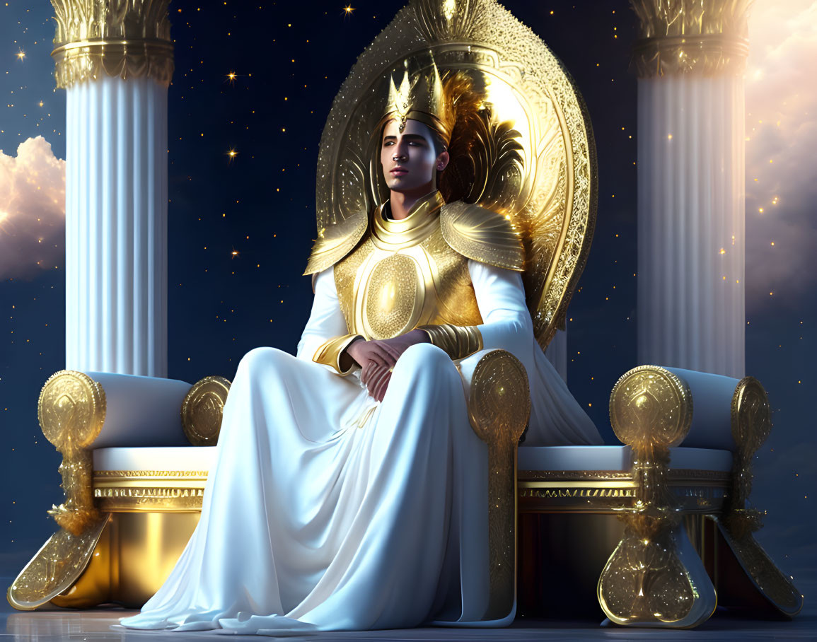 Regal Figure in Golden Armor on Throne with Starry Sky Backdrop