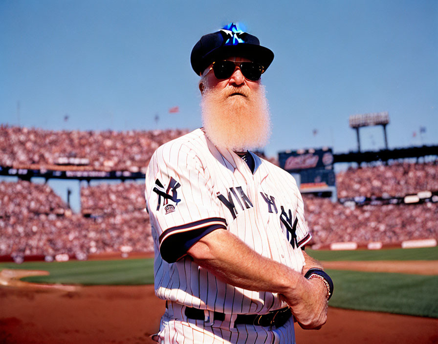 Bearded man in sunglasses on baseball field with crowd