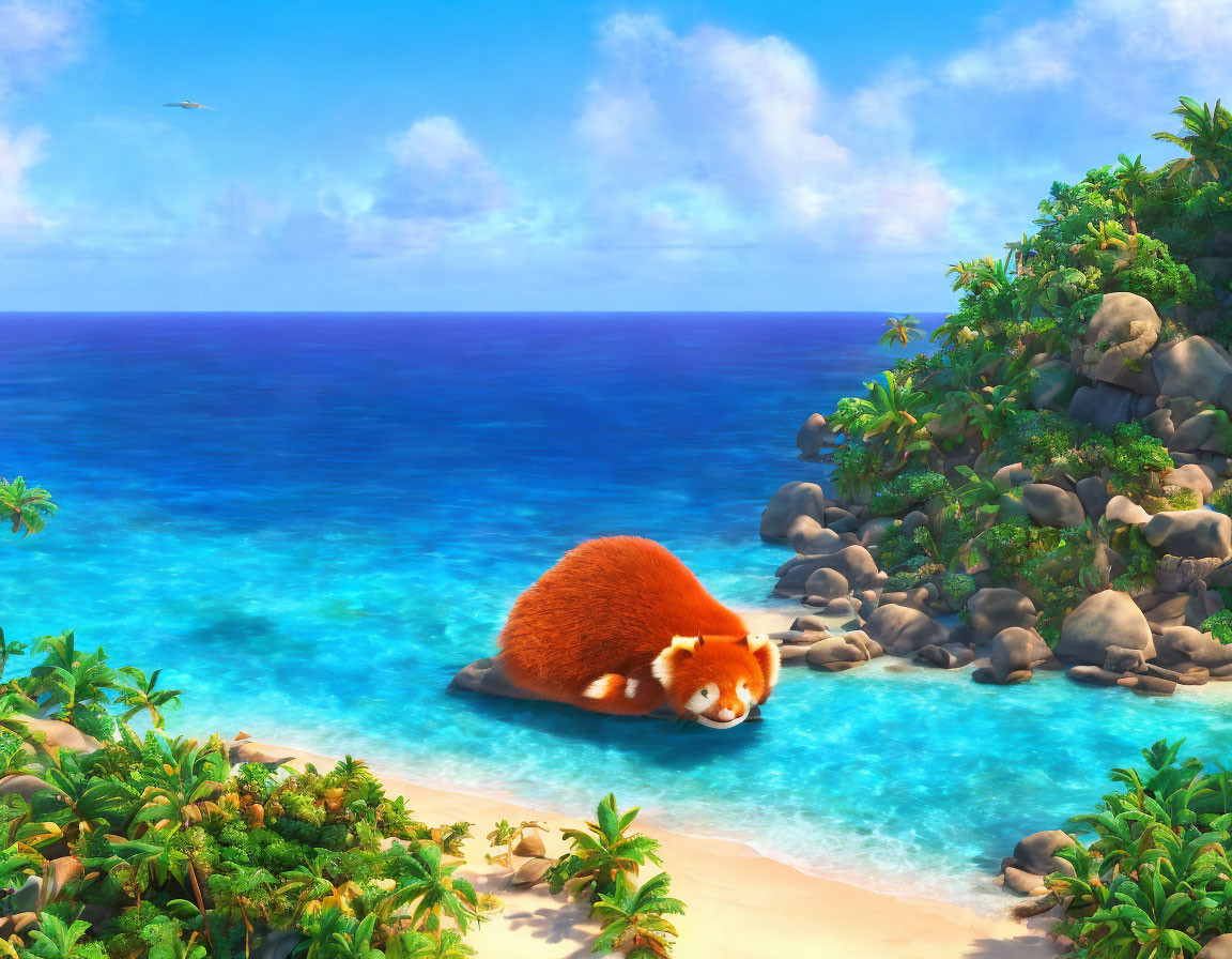 Tropical Island Scene with Blue Waters and Red Panda