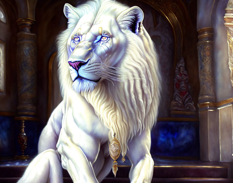 Rare White Lion with Third Eye and Golden Pendant in Luxurious Room