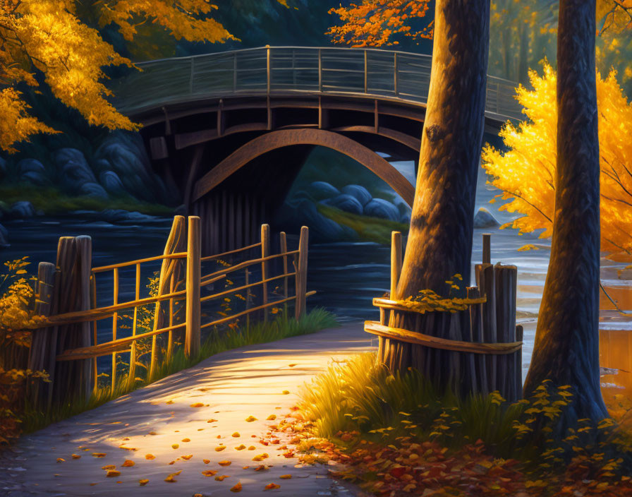 Autumn landscape with wooden bridge, stream, golden trees, and footpath.