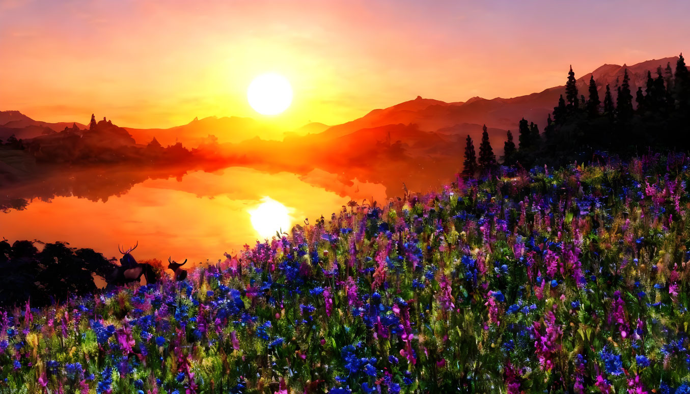 Scenic sunset over serene lake with mountains & wildflowers