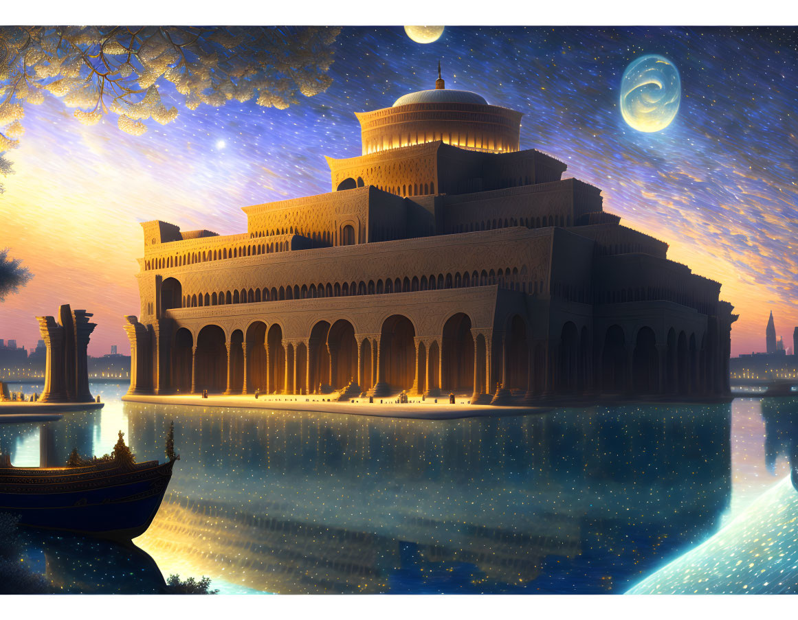 Ancient palace by serene lake at twilight with crescent moon and celestial bodies