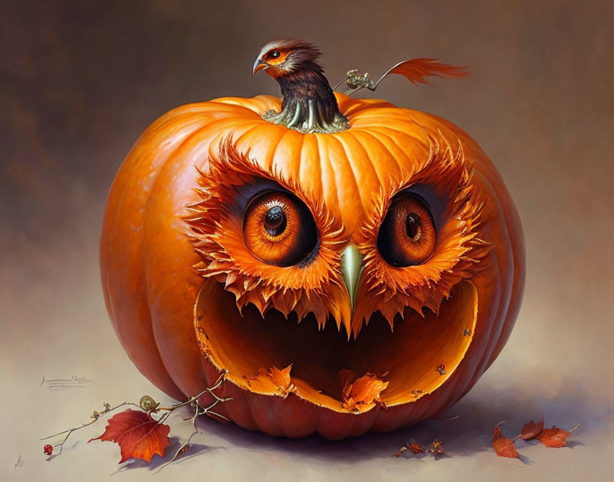 Detailed painting of a carved pumpkin with expressive eyes and a bird on its stem