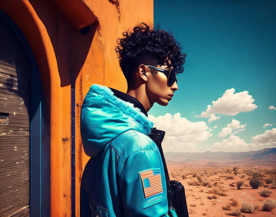 Curly-Haired Person in Sunglasses by Orange Building in Desert