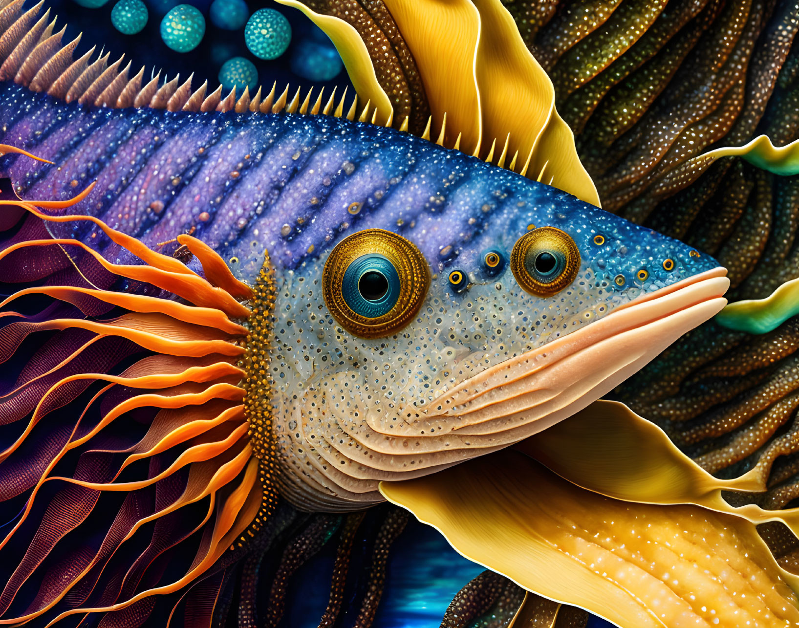 Colorful Fish Artwork with Multiple Eyes and Abstract Background