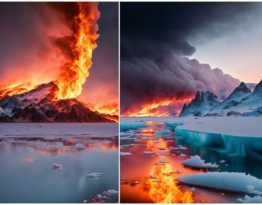 Contrasting volcanic eruption and icy mountain scene landscapes