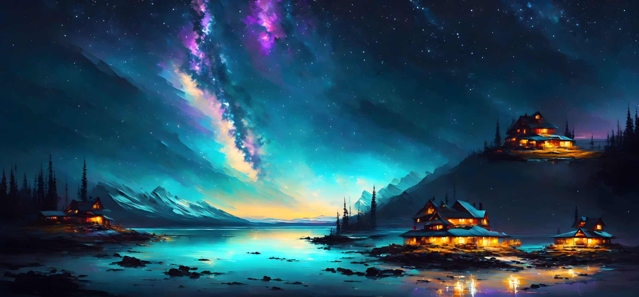 Digital art: Tranquil night scene with auroras, mountains, and waterfront cabins