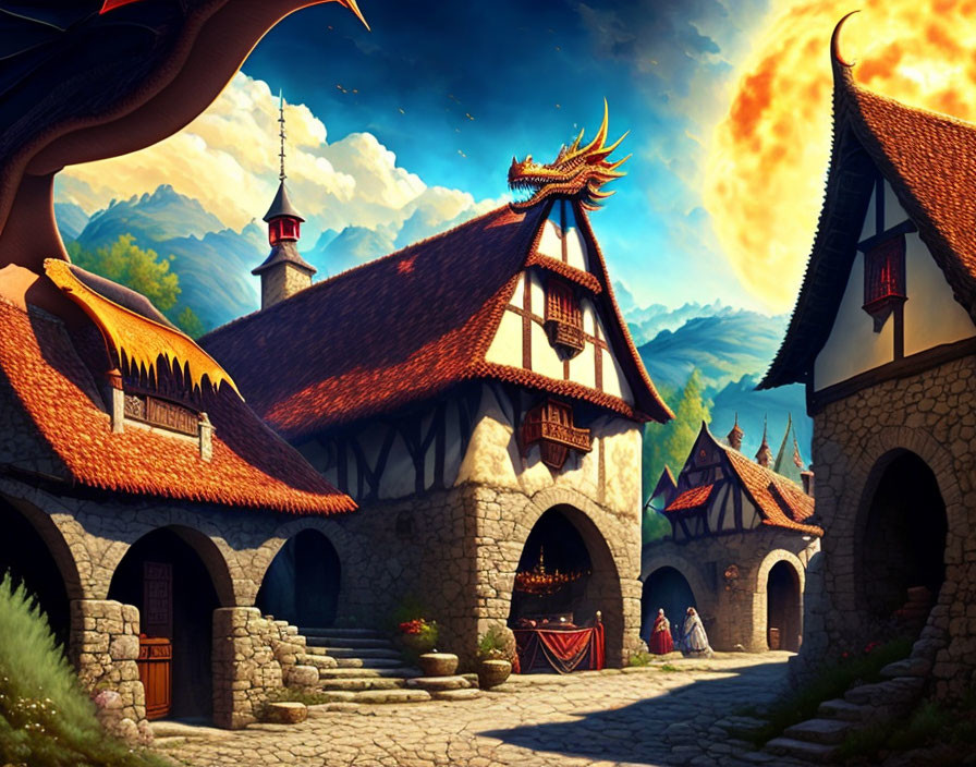 Medieval fantasy village with dragon and fiery sky