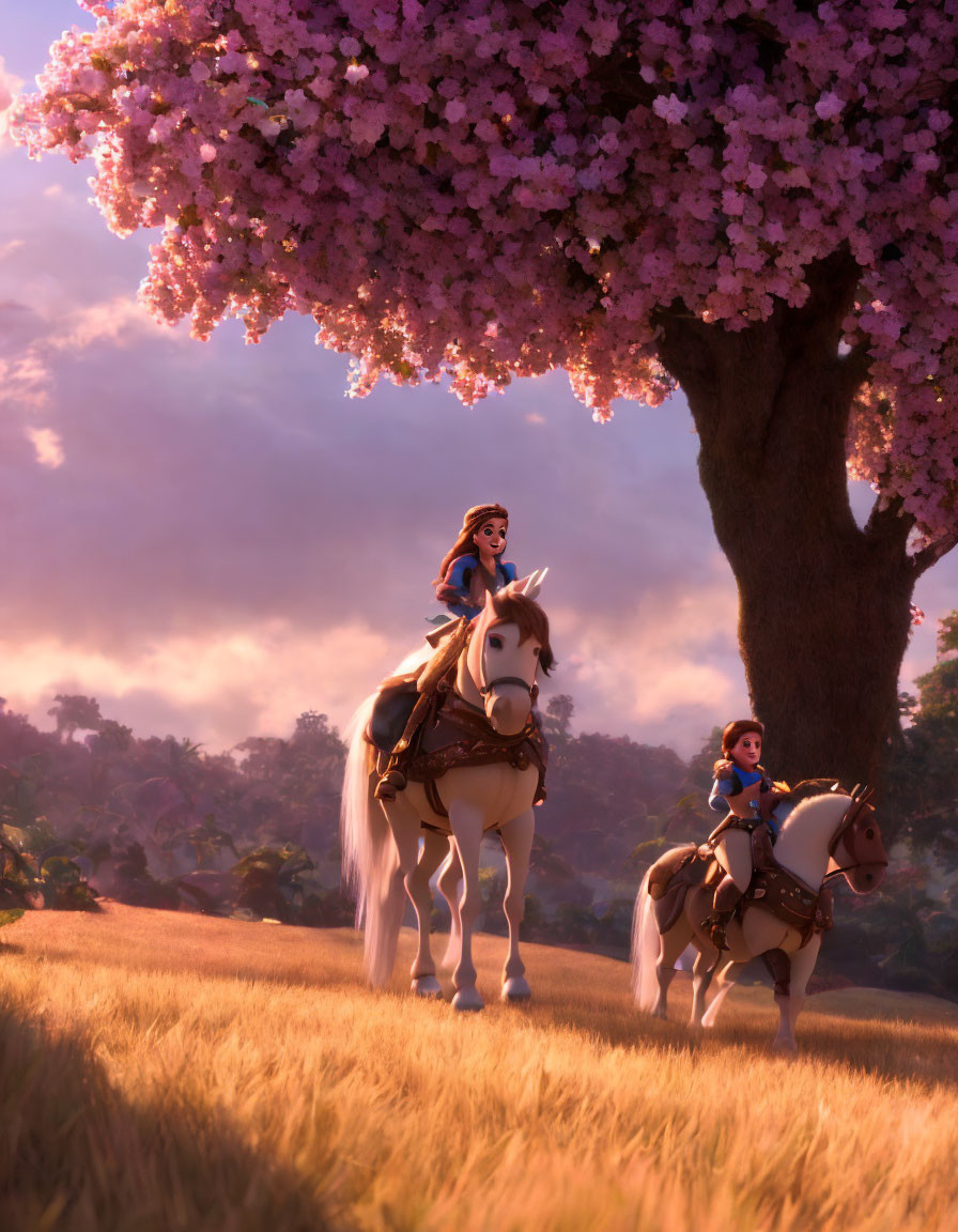 Animated characters on horseback under pink flowering tree in sunny landscape