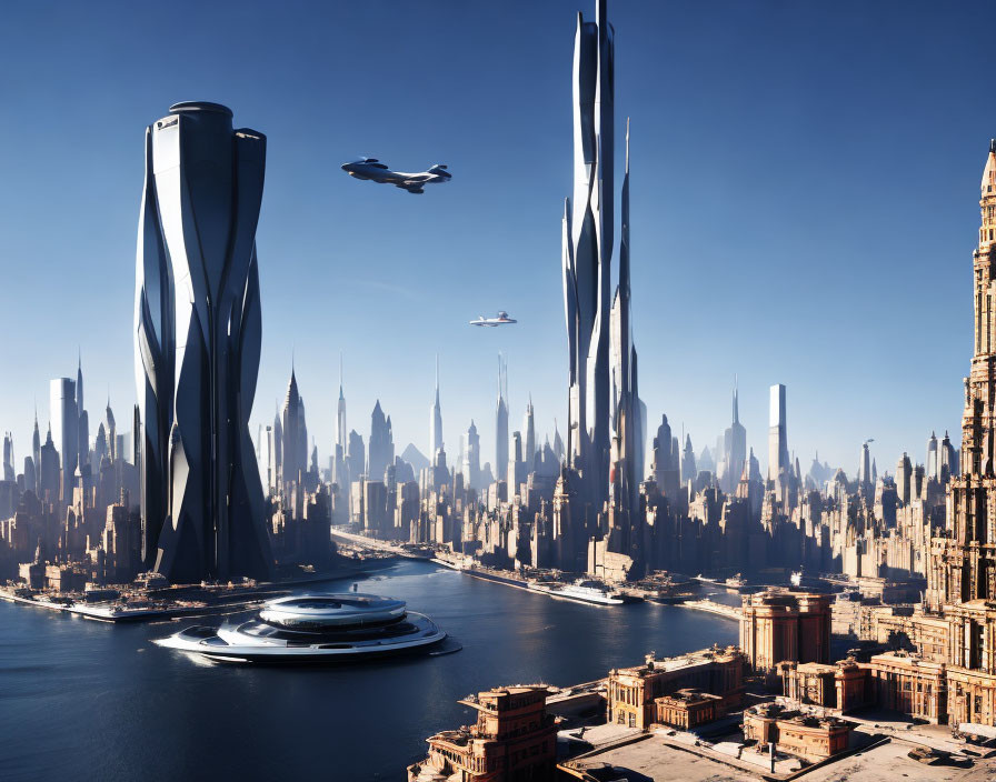 Futuristic cityscape with towering skyscrapers and flying vehicles