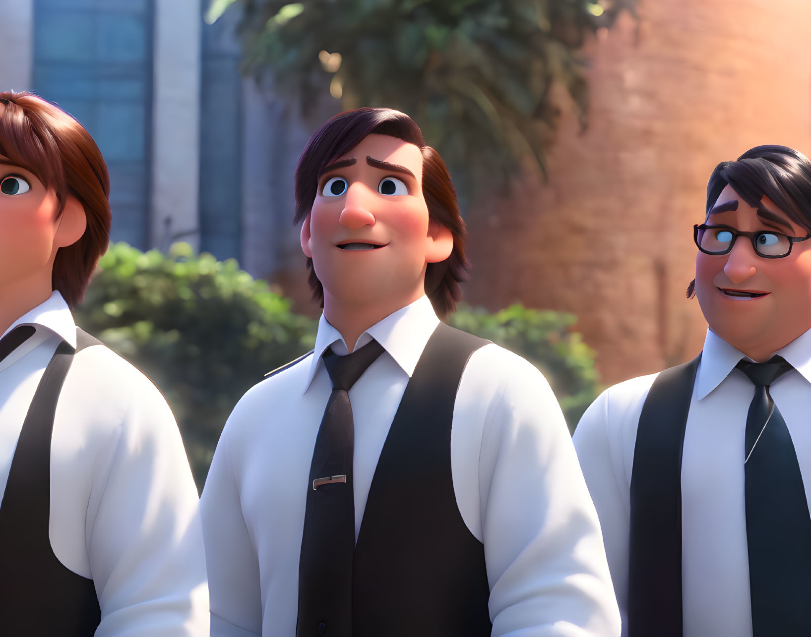 Three animated characters in waistcoats and ties smiling against blurred background