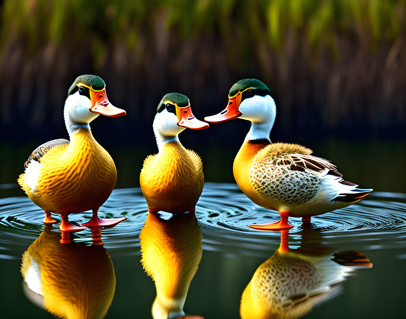 Vibrant Ducks Reflecting in Tranquil Pond