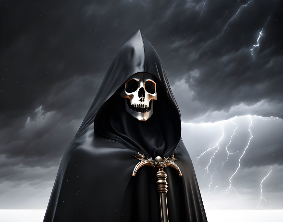 Sinister figure in black cloak with skull face and scythe under stormy sky.