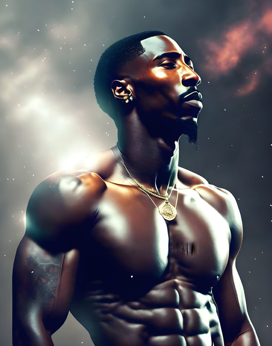 Muscular man with necklace in cosmic digital artwork