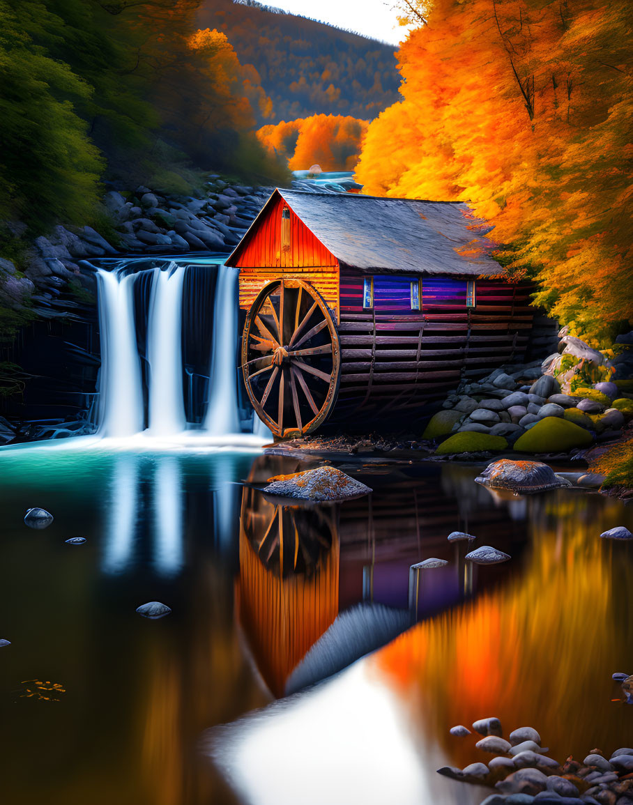 Scenic red mill with water wheel by autumn waterfall