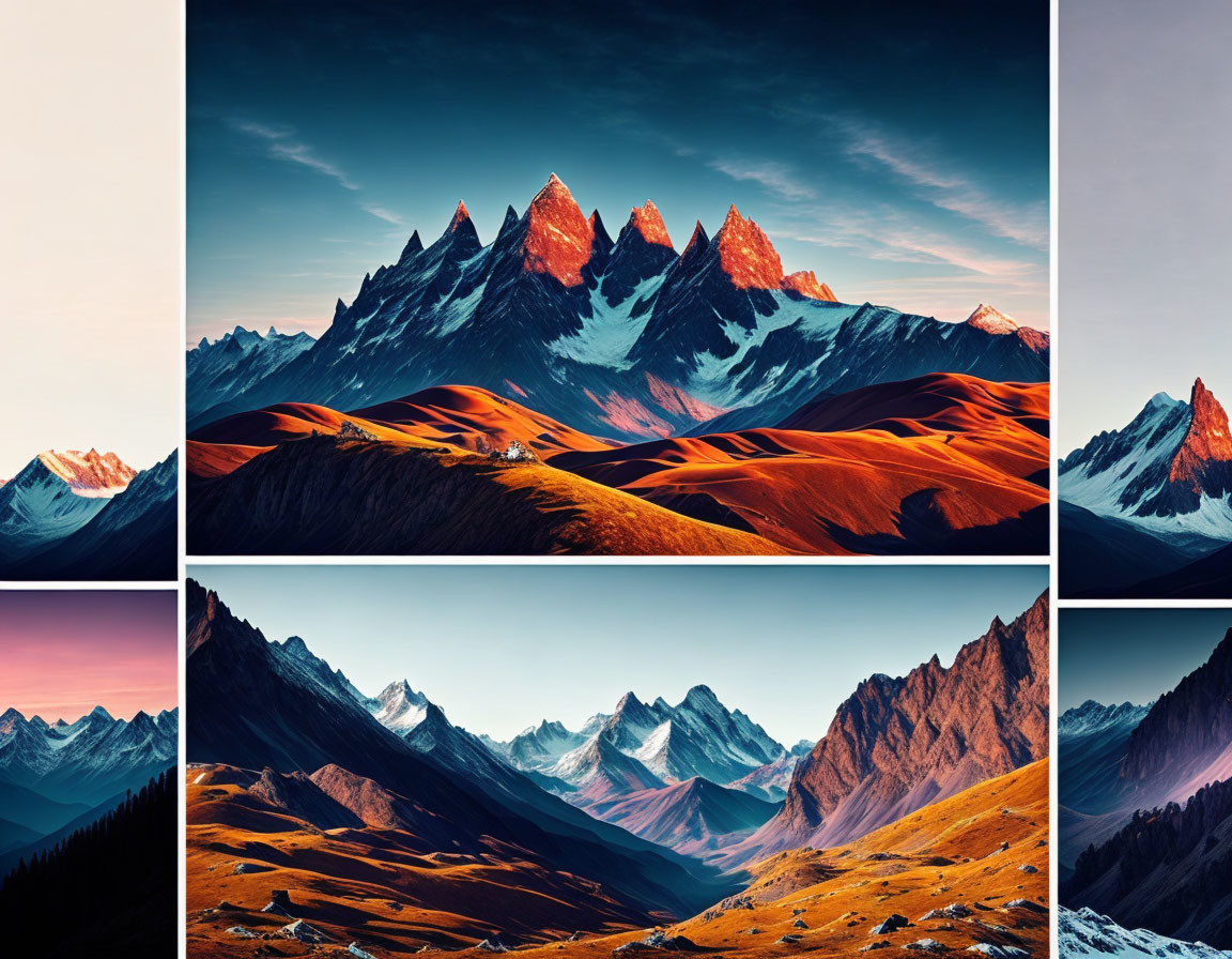 Colorful Mountain Landscapes: Vibrant Collage of Dramatic Peaks & Valleys